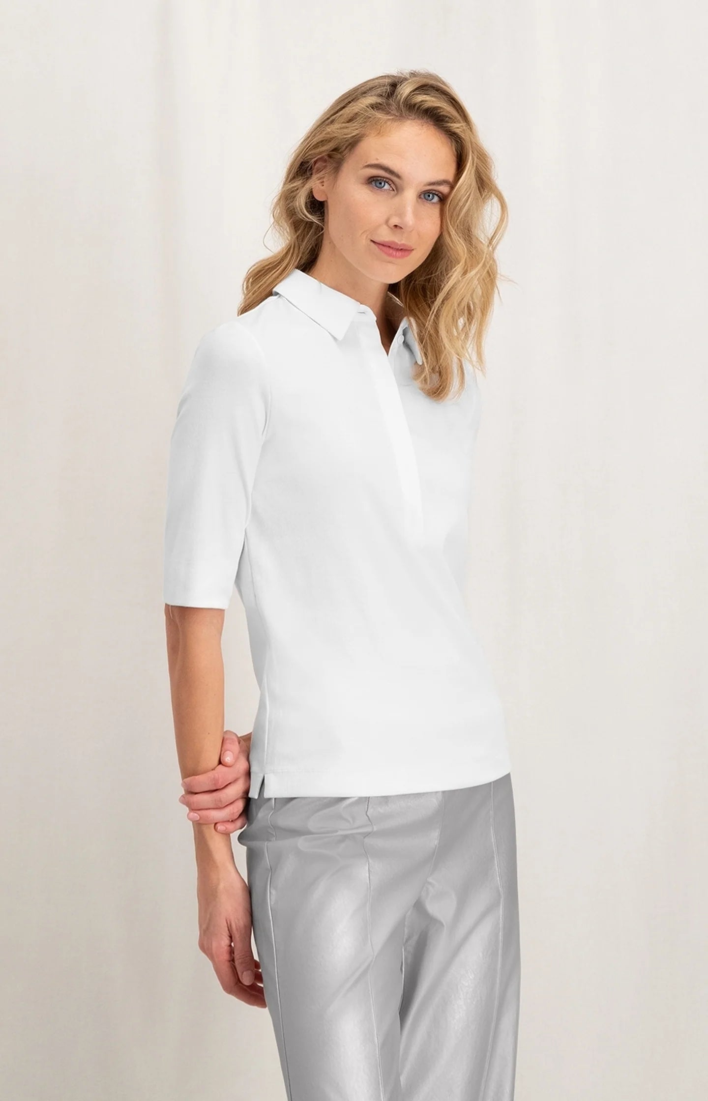 Yaya Polo top with buttons and half long sleeves in regular fit Pure White