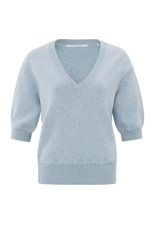 Yaya Soft sweater with V-neck and half long sleeves blue