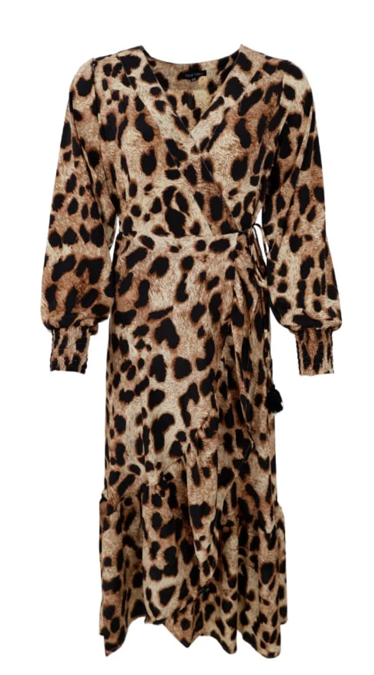 Black Colour Luna wrap dress golden leopard