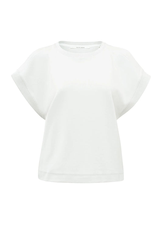 Yaya Top with crewneck, short sleeves and open shoulders Pure White