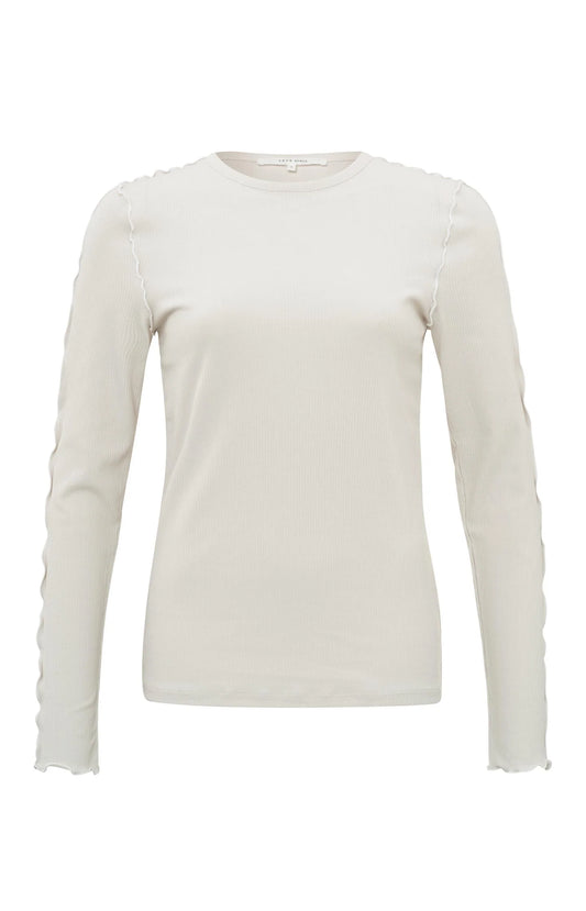 Yaya Slim fit top with round neck, long sleeves and frilled seams Beige