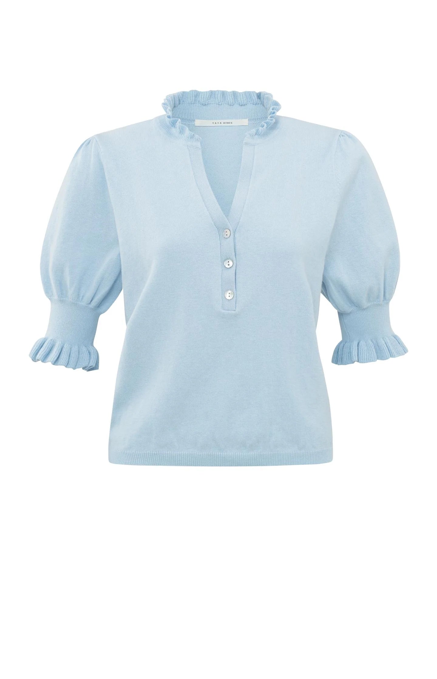 Yaya Sweater with V-neck, short puff sleeves and buttons Xenon Blue