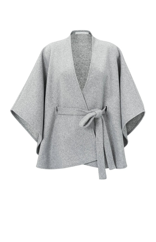 Yaya Soft Poncho With Sleeves V-Neck And Tie Belt Medium Grey