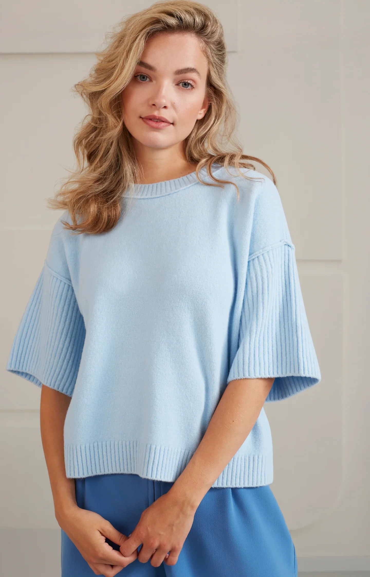 Yaya Sweater with boatneck, wide half long sleeves in boxy fit Blue