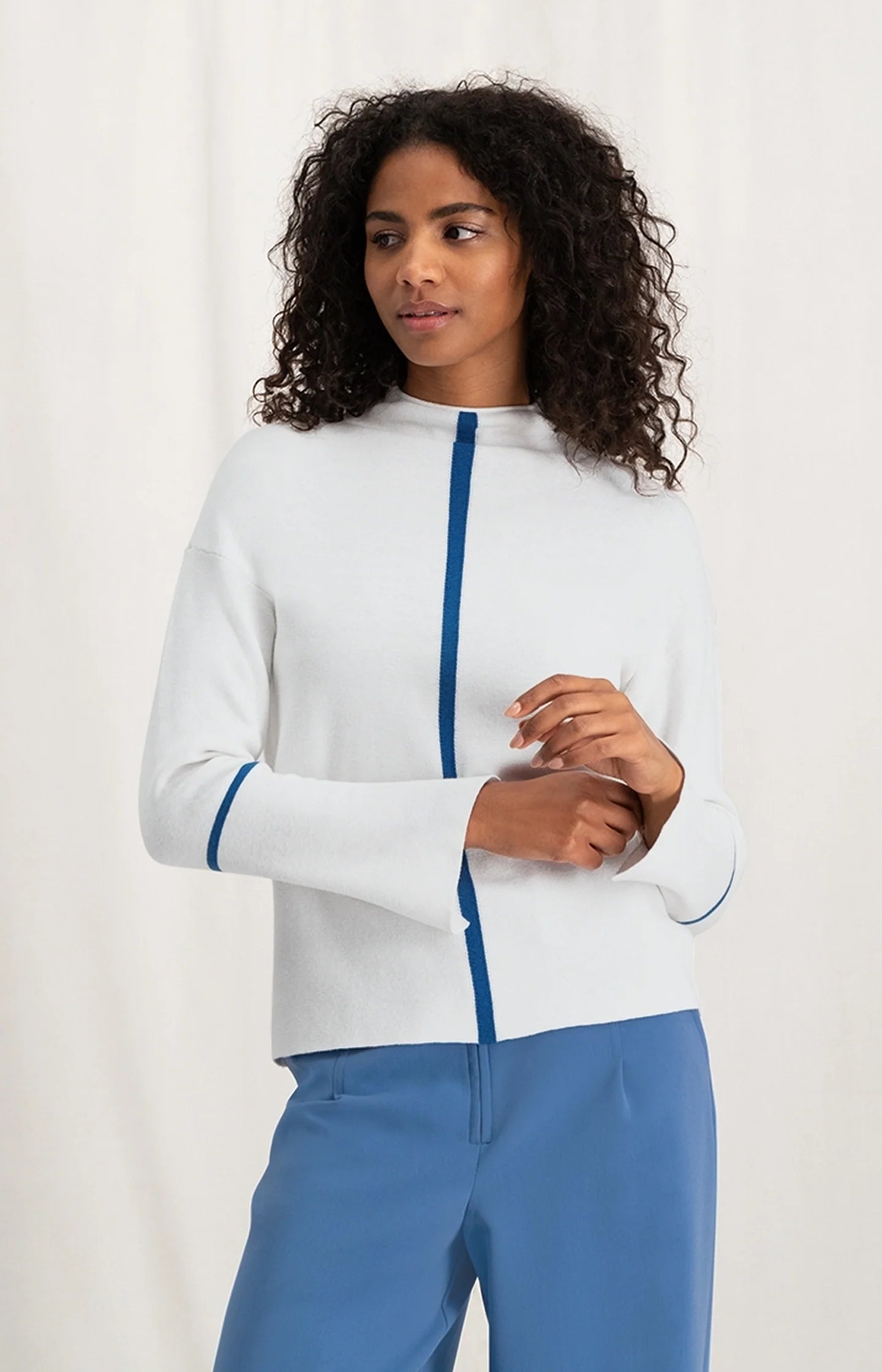 Yaya Sweater with high neck, long sleeves and stripe detail Pure White